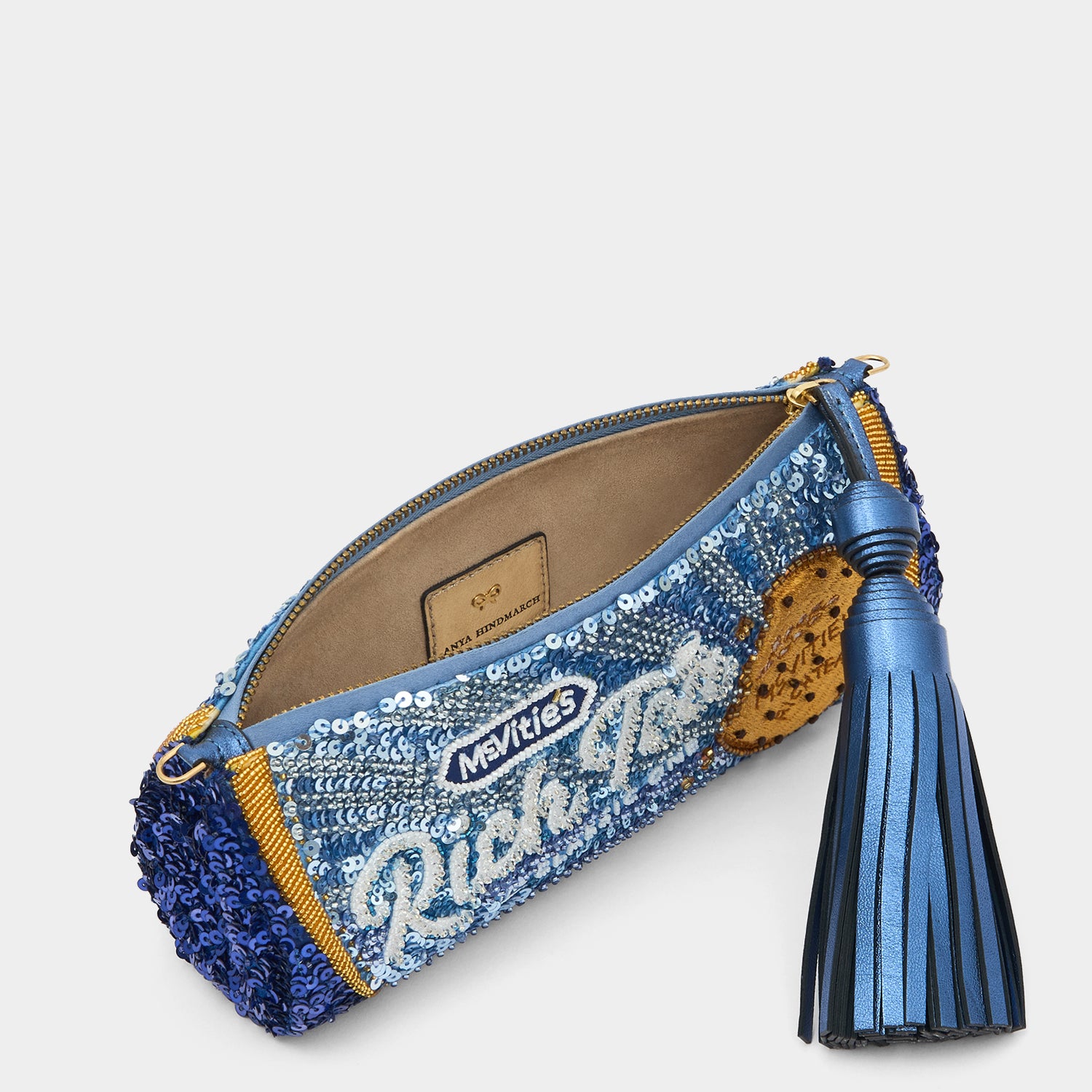 Anya Brands Rich Tea Embellished Tassel Clutch -

          
            Beads/Sequins in Blueberry -
          

          Anya Hindmarch UK
