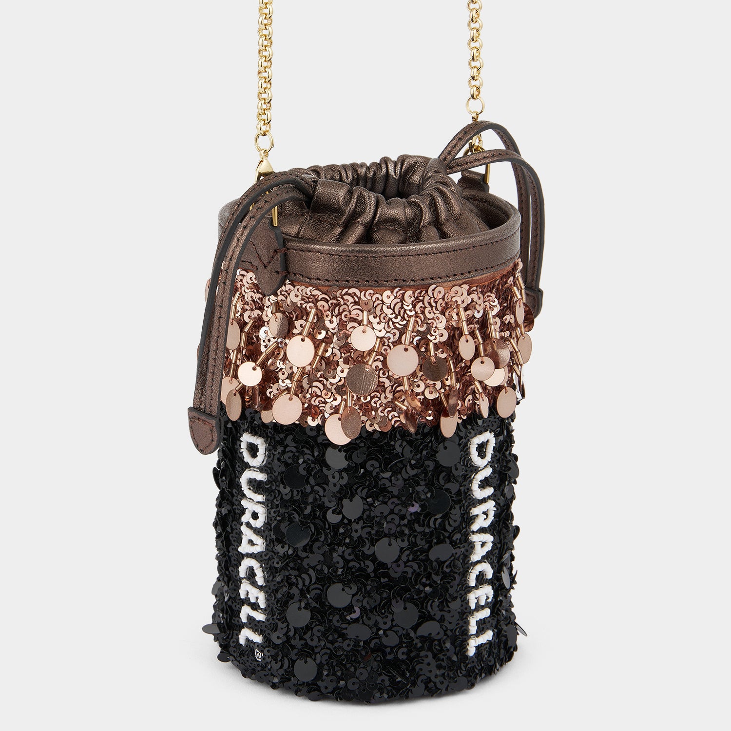 Anya Brands Duracell Mini Bucket Bag -

          
            Sequins in Black -
          

          Anya Hindmarch UK
