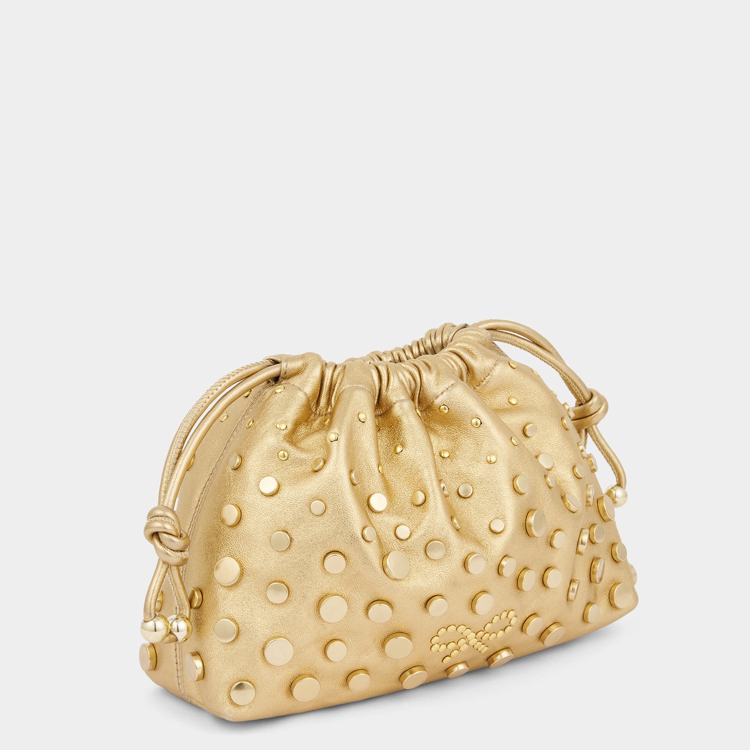 Studs Drawstring Pouch -

          
            Satin/Suede Leather in Gold -
          

          Anya Hindmarch UK
