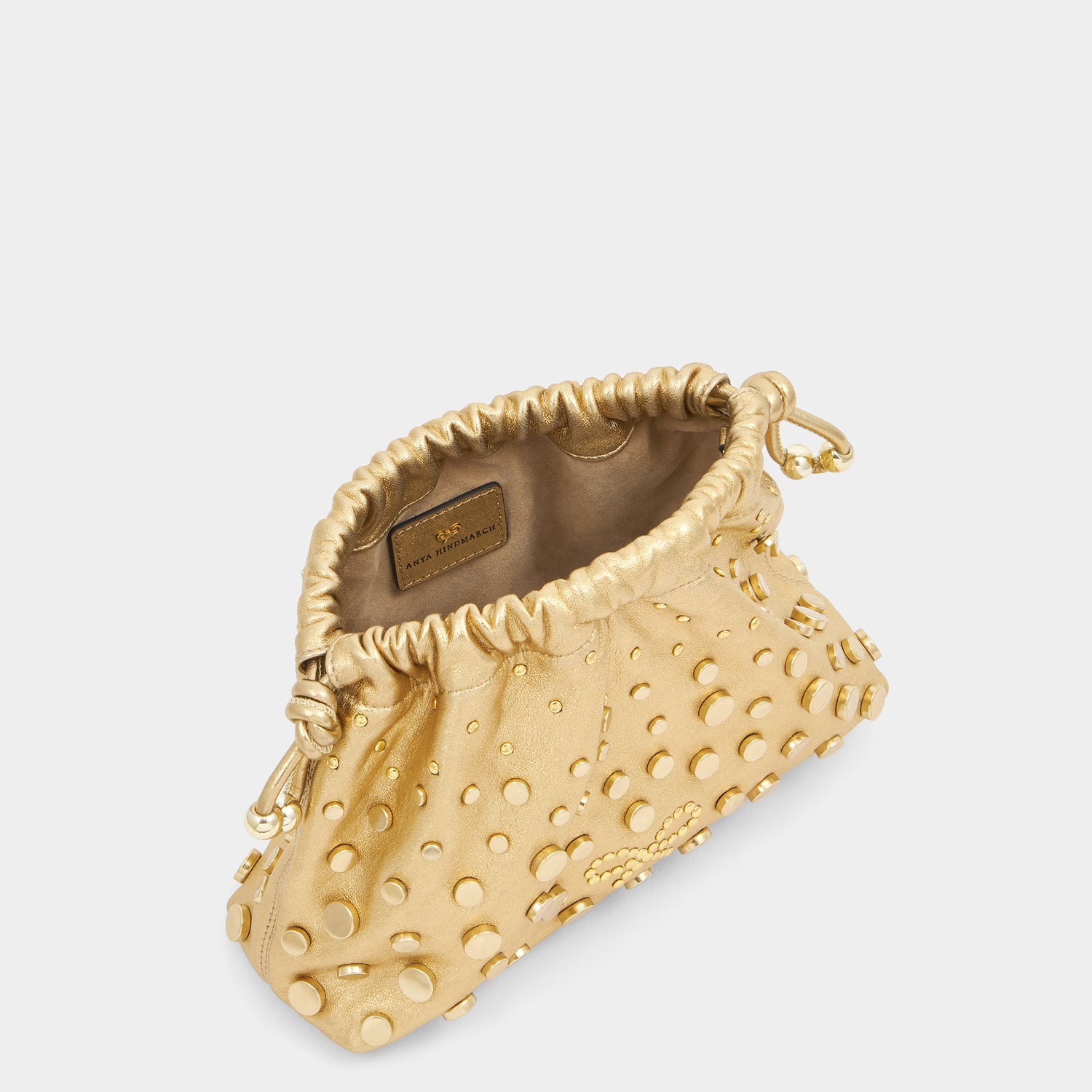 Studs Drawstring Pouch -

          
            Satin/Suede Leather in Gold -
          

          Anya Hindmarch UK
